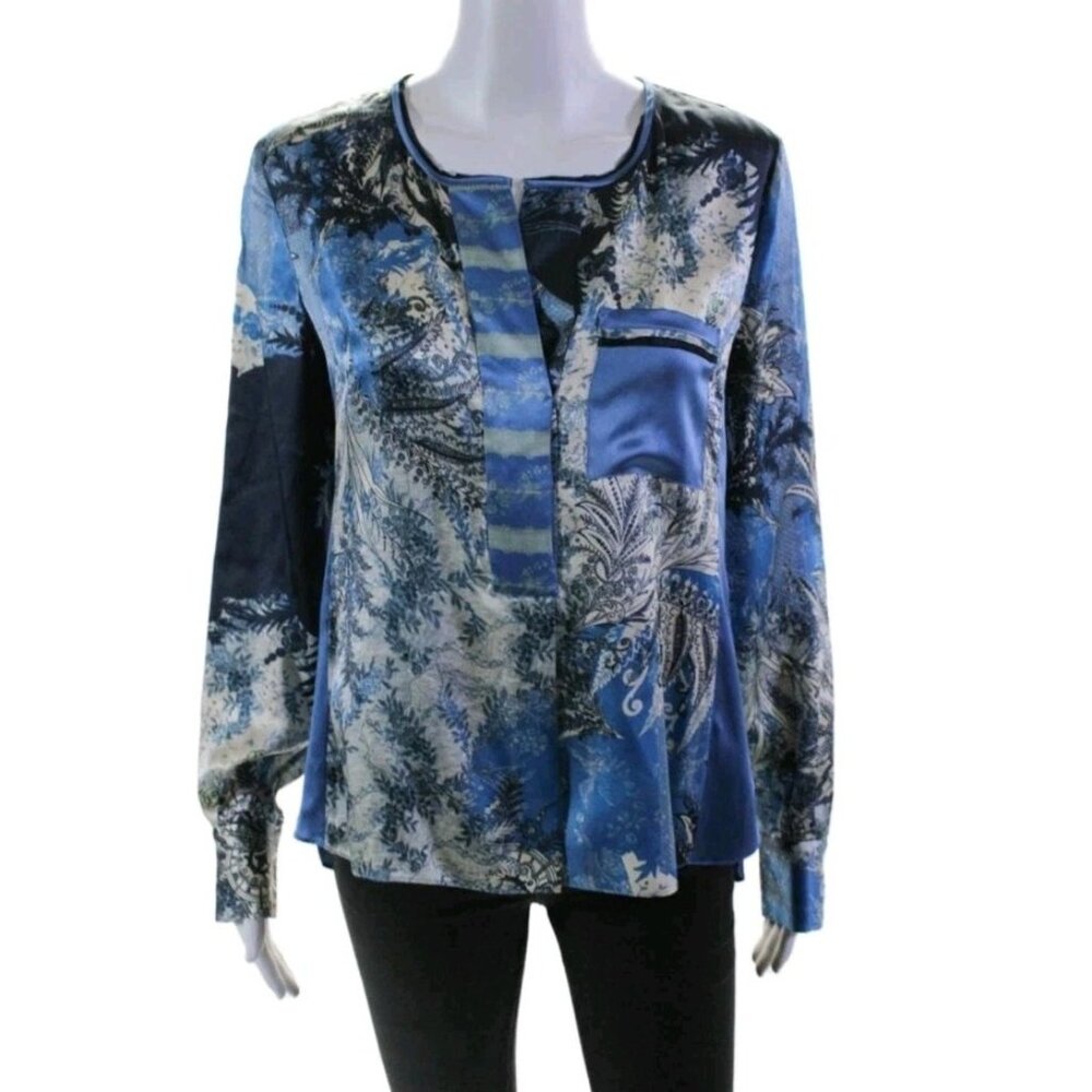 Elie Tahari Silk Blue Print Blouse LS   V Neck Pullover Size Small Pocket